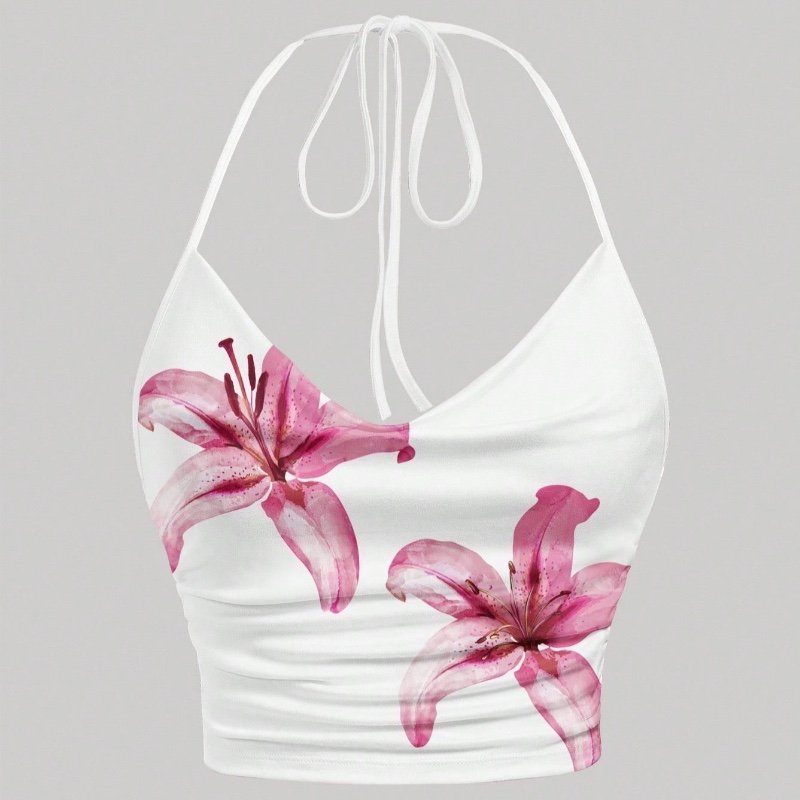 SHEIN EZwear Top court à col noué style casual avec imprimé lis rose, style "Island Girl". Convient pour l'été, la plage, les festivals de musique, les vacances de printemps, l'ambiance vacances