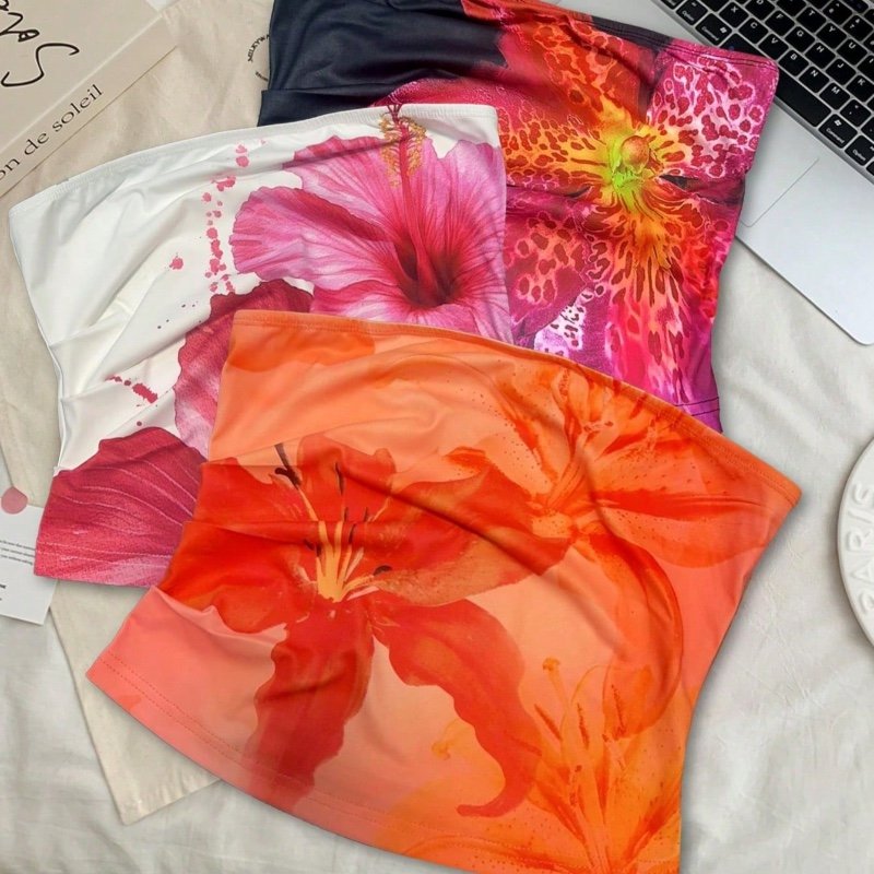 Débardeur court à top bandeau avec imprimé floral pour femmes, ajusté et court, convient pour l'été